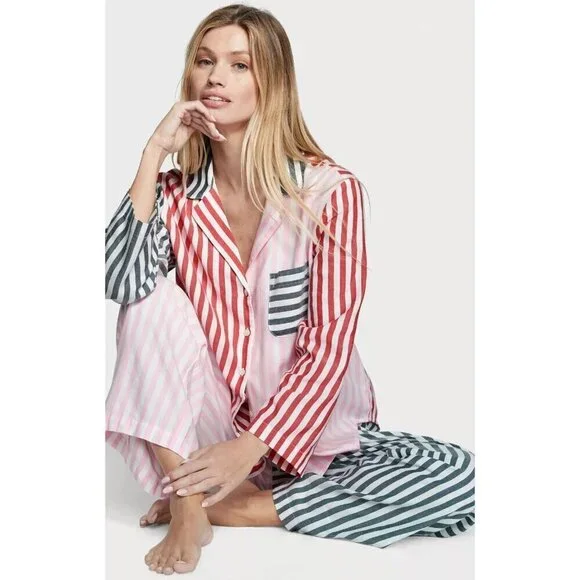VICTORIA'S SECRET Women's Pajamas Flannel PJ 2-piece Set Small Stripes - Picture 2 of 10